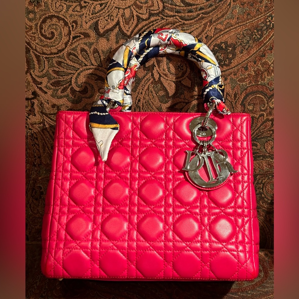 Authentic Medium Lady Dior Bag, Fuchsia pink